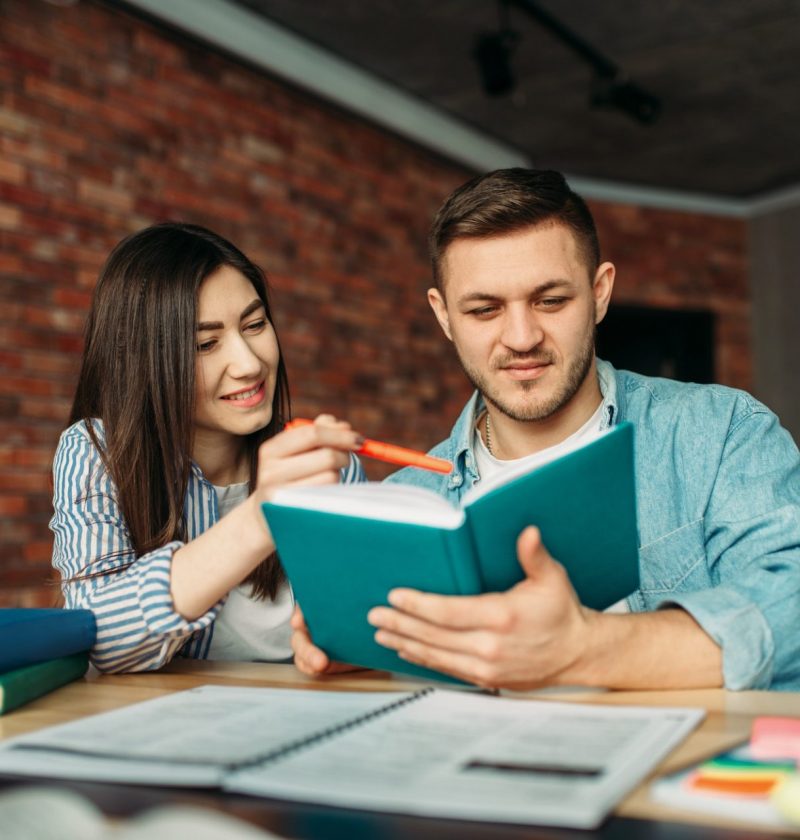 University students reading textbook together